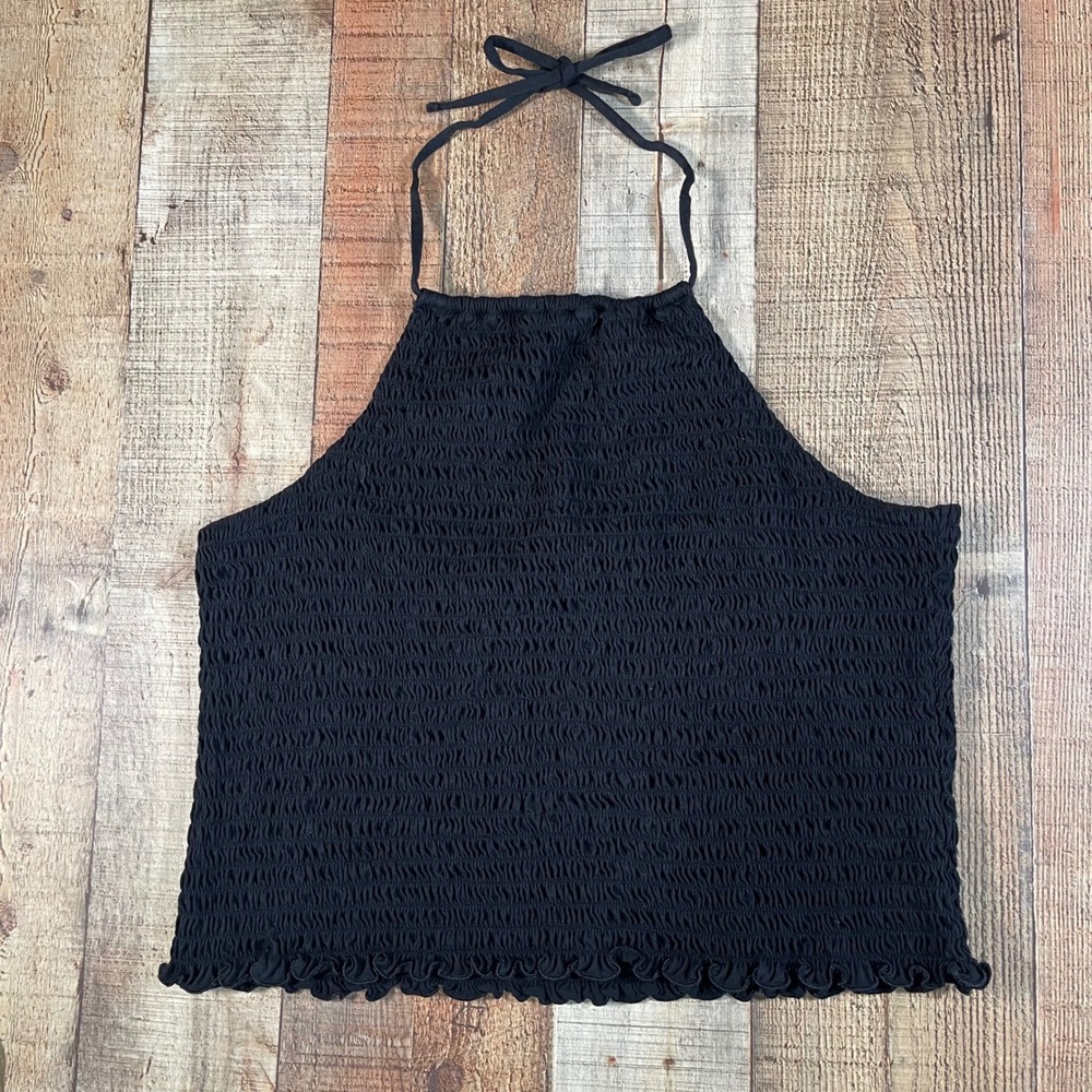 Old Navy Black Cotton Smocked Halter Top Crop Lettuce Hem XXL